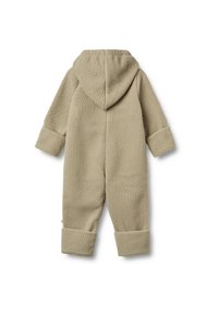 Combinaison en polaire de couleur vert olive clair, avec une capuche, des manches retroussées et une surface douce texturée. La vue de dos montre un design simple sans fermetures.
