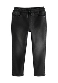 Pantaloni din denim negru cu un tiv elastic, închidere cu șnur și buzunare la spate. Aceștia au un croi conic și o textură netedă.