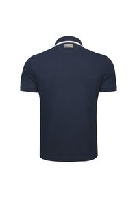Navy blue polo shirt made of cotton, featuring a classic collar, short sleeves, and a plain texture with a label on the back.