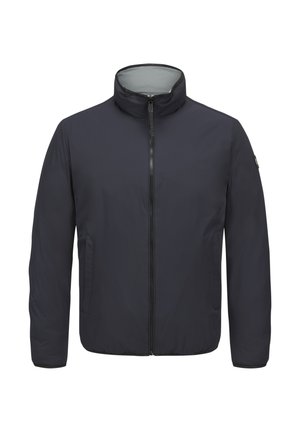 Marineblaue isolierte Jacke mit hohem Kragen, Frontreißverschluss und Seitentaschen. Glatte Textur mit minimalen Designelementen.