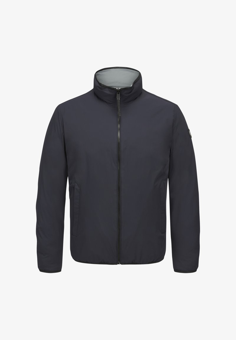 Navy blue insulated jacket with a high collar, front zipper, and side pockets. Smooth texture with minimal design features.