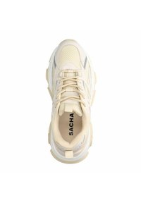 Beige sneakers van gaas en synthetische materialen, met een ronde neus, vetersluiting en een gestructureerde zool. Logo gedrukt op de binnenzool.
