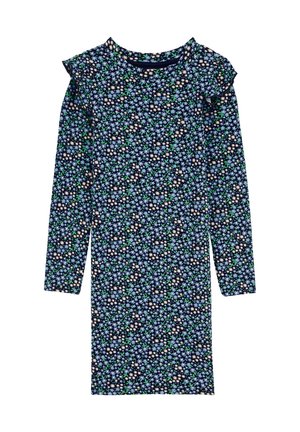 Long-sleeve dress in dark navy with a floral pattern in light blue, green, and tan. Features ruffled accents on the shoulders.
