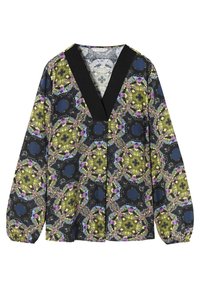 Maglietta a maniche lunghe in nero, verde e viola con motivo geometrico. Presenta un colletto a V nero e una vestibilità ampia con maniche arricciate.