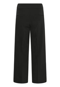 Svarta vida byxor i ett mjukt, matt tyg. Har ett platt midjeband och två bakfickor utan synliga detaljer.