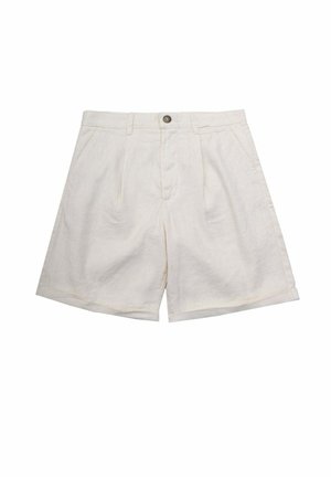 Pantaloni corti in lino beige con taglio classico, dotati di due tasche frontali, pieghe e chiusura con bottone. Texture liscia e orlo ripiegato.