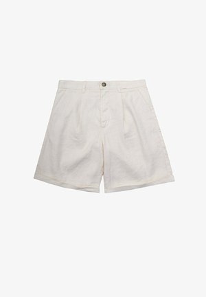 Linen shorts in beige with a classic cut, featuring two front pockets, pleats, and a button closure. Smooth texture and folded hem.