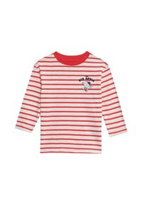 Rood-witte gestreepte lange mouw shirt met een ronde hals en een cartoon-appel grafiek met het label "The Big Apple" op de voorkant.