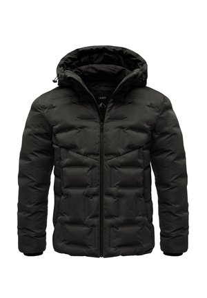 Schwarze Daunenjacke mit Kapuze, Reißverschluss und gestepptem Design in matter Optik, gefertigt aus einem wasserabweisenden Material.