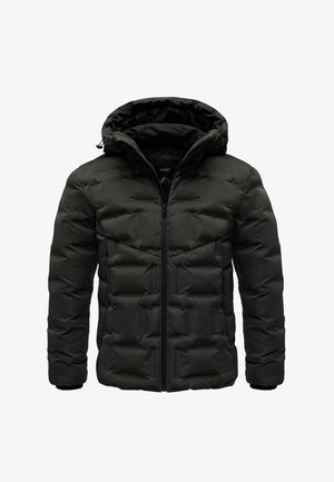 Schwarze Daunenjacke mit Kapuze, Reißverschluss und gestepptem Design in matter Optik, gefertigt aus einem wasserabweisenden Material.