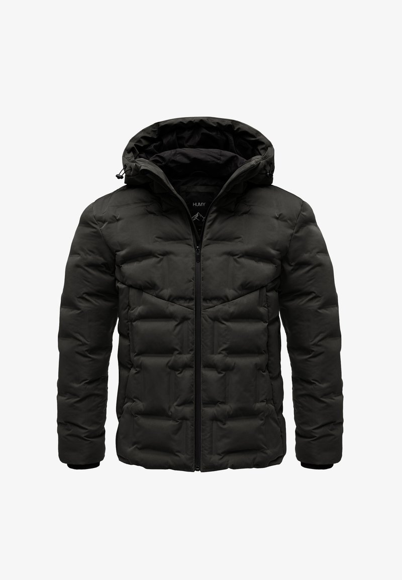 Schwarze Daunenjacke mit Kapuze, Reißverschluss und gestepptem Design in matter Optik, gefertigt aus einem wasserabweisenden Material.