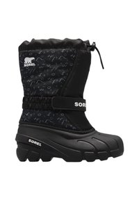 Botte isolante noire avec un dessus en textile à motifs, semelle en caoutchouc et cordon élastique sur le dessus pour un ajustement confortable. Présente le logo de la marque sur la sangle.