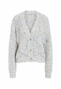 Ljust grå stickad cardigan med blåa fläckar, V-ringning, långa ärmar och tre knappar fram.