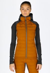 Gilet imbottito arancione con colletto alto e zip, caratterizzato da dettagli neri e una vestibilità aderente. Indossato sopra una maglietta grigia a maniche lunghe.