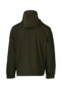 Veste à capuche légère, de couleur vert foncé, avec des poignets élastiques et un ourlet à cordon. Le tissu est lisse, avec un design simple et sans motifs visibles.