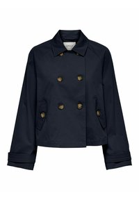 Chaqueta azul marino de doble botonadura con botones dorados, que cuenta con un cuello, bolsillos laterales y un diseño corto con puños anchos.