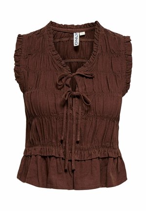 Brūna piedurkņu blūze ar volānu malām, savākta auduma tekstūra, V veida kakla izgriezums ar divām sasietām aukliņām un pepļuma apakšmala.