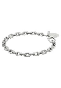 Silversmedskedja med sammanlänkade ovala länkar, med en slät yta och ett litet runt tag fäst.