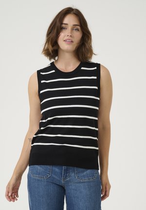 Haut sans manches à rayures noires et blanches avec un col rond, en tissu tricoté, présentant un design ajusté et un ourlet côtelé.