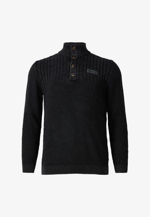 Black knit pullover sweater with high ribbed collar, four-button placket, cable knit pattern on upper chest, and long sleeves.
