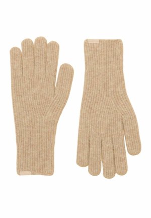 Coppia di guanti beige a maglia a coste, posati piatti, mostrando il davanti e il retro.