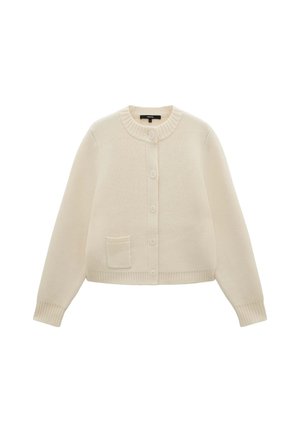 Light beige cardigan made from soft knit material, featuring a round neck, front buttons, and a small patch pocket on the left side.