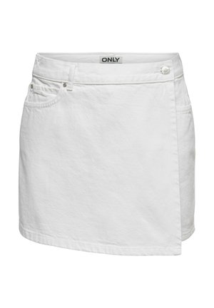 Fustă mini din denim alb, cu buzunare frontale, curele pentru centură, un nasture lateral și un panou frontal în stil suprapus, etichetă Only în talie pe interior.
