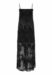 Melna maxi kleita ar spaghetti lencēm, daudzslāņu caurspīdīgu audumu un 3D ziedu izšuvumu detaļām uz korsetes un svārkiem.
