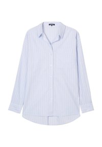 Camicia azzurro chiaro a maniche lunghe con bottoni e strisce verticali bianche. Presenta un colletto, una tasca sul petto e un'orlo arrotondato.