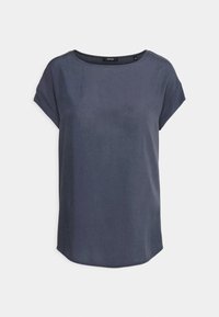 Maglietta a maniche corte di colore blu navy realizzata in un tessuto leggero e liscio. Presenta un collo rotondo e un orlo leggermente curvo.