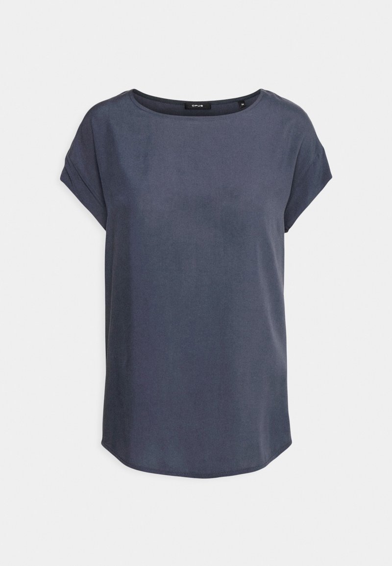 Maglietta a maniche corte di colore blu navy realizzata in un tessuto leggero e liscio. Presenta un collo rotondo e un orlo leggermente curvo.