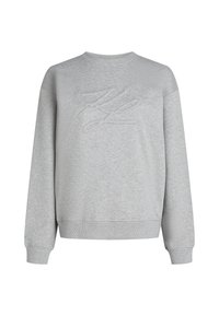 Grauer Pullover aus weichem Stoff, mit Rundhalsausschnitt, gerippten Bündchen und Saum sowie einer geprägten Gestaltung auf der Vorderseite.