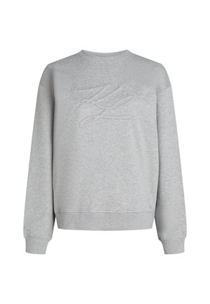 Grauer Pullover aus weichem Stoff, mit Rundhalsausschnitt, gerippten Bündchen und Saum sowie einer geprägten Gestaltung auf der Vorderseite.