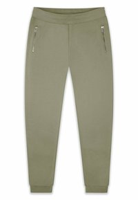 Olive green jogger pants made of soft fabric, featuring a waistband, side zip pockets, and fitted cuffs at the ankles.