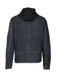 Veste en cuir noir avec une capuche en tissu noir contrastant, présentant des coutures visibles et une coupe décontractée, vue de dos.