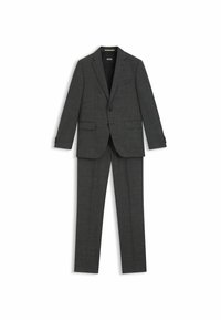 Completo a due pezzi in tessuto grigio scuro con una sottile texture. Giacca monopetto e pantaloni con gamba dritta, caratterizzati da un design slim fit.
