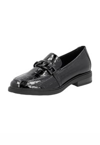 Zwarte gepatineerde leren loafers met een gestructureerd krokodillenpatroon, voorzien van een chunky zwarte kettingaccent en een lage blokhak.