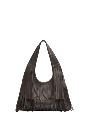 Geantă de umăr din piele maro închis cu detalii de franjuri lungi și mici ținte aurii pe o bandă lată, afișată pe fundal alb.