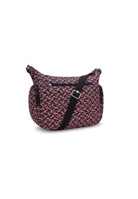 Borsa a spalla con motivo floreale, caratterizzata da una base nera con disegni floreali rosa, una tasca frontale con zip e una tracolla regolabile. Materiale testurizzato.