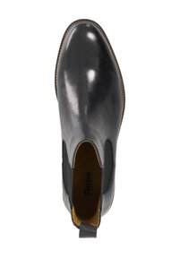 Black leather Chelsea boot with elastic side panels, rounded toe, and a pull tab for easy wear. Smooth texture and stitched detailing.