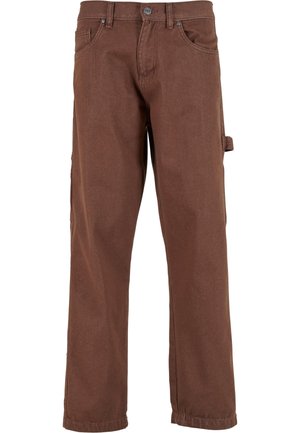 Pantalons cargo marron en tissu résistant, avec une coupe droite, des poches à l'avant et une poche latérale avec rabat.
