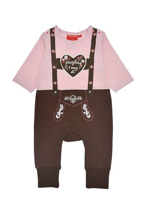Rosa-brauner Baby-Overall mit langen Ärmeln, bedruckten Hosenträgern, floralen Details und einem herzförmigen Aufnäher mit dem Text "Herzilein i mog di".