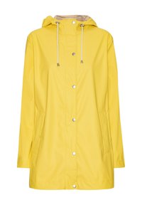 Geel waterdichte parka met een capuchon, drukknoopsluiting, twee zijzakken en trekkoordaccenten. Glad, glanzend textuur.