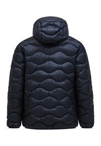 Dark navy puffer jacket with a quilted wave pattern, hood, and elastic cuffs. Smooth, shiny texture and a relaxed fit.