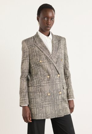Doppelt gefütterte Blazer aus einem strukturierten grauen Stoff mit einem gemusterten Design, ausgestattet mit Knöpfen in Goldoptik und einer taillierten Passform.