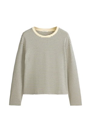 Dlhá košeľa krémovej farby s tenkými čiernymi horizontálnymi pruhmi a okrúhlym výstrihom s krémovým lemom.