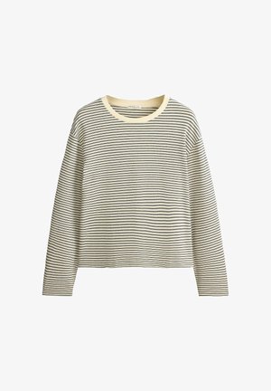 Langärmliges cremefarbenes Hemd mit dünnen schwarzen horizontalen Streifen und einem rundem Ausschnitt mit cremefarbener Einfassung.