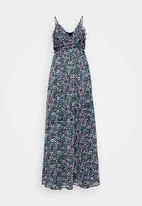 Florale maxi-jurk in groen met delicate paarse en witte bloemen. Voorzien van verstelbare spaghettibandjes en een aansluitend lijfje met een uitlopende rok.