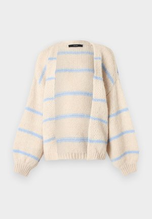 Bézs színű kardigán világoskék csíkokkal; texturált kötött anyagból készült; nyitott elülső kialakítás; bordázott mandzsettával és szegéllyel.
