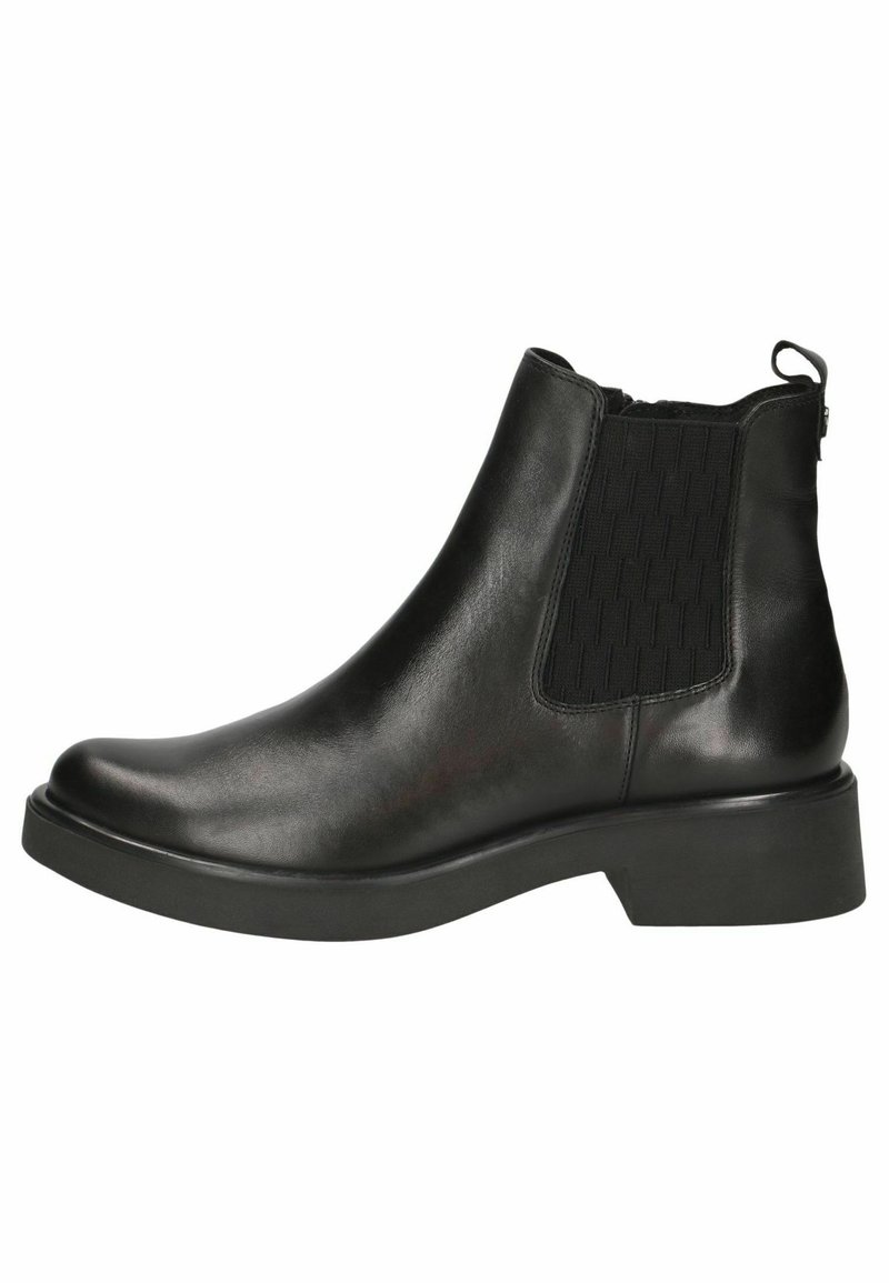 Stivaletti neri in pelle con punta tonda, pannelli elastici laterali e tacco basso a blocco. Finitura liscia con una linguetta sul retro.